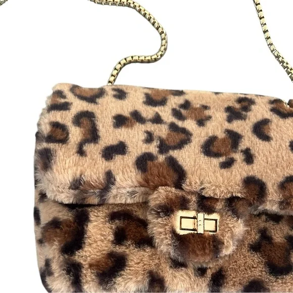 Faux Fur Leopard Print Bag Purse Gold Chain Link Strap Twist Lock Pocketbook - Picture 3 of 9